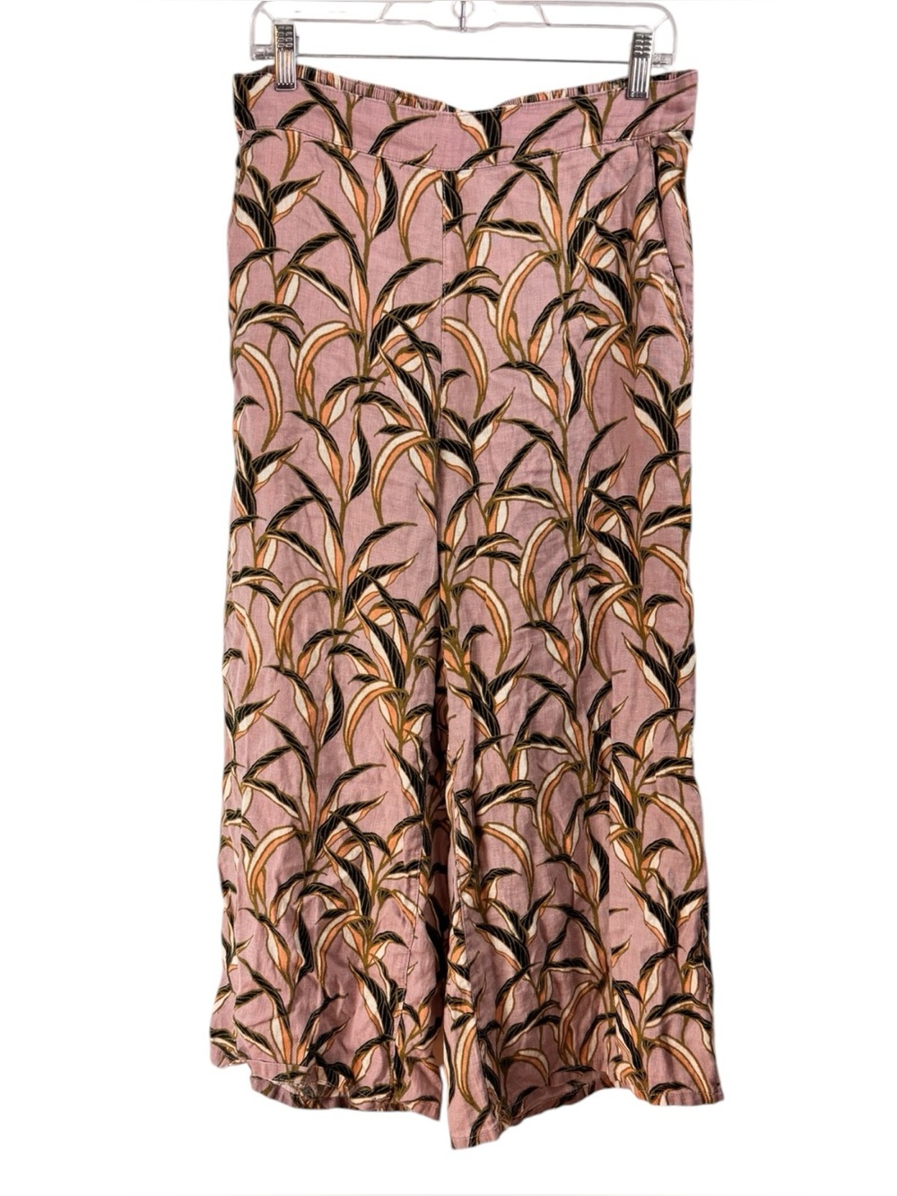 TAHARI Pants L 100% Linen Tropical Leaves Wide Leg Cropped Pull On Mauve Purple